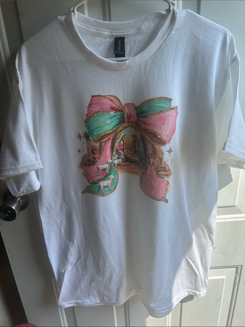 Gildan White  Tee with Pink & Teal Bow Nativity Graphic